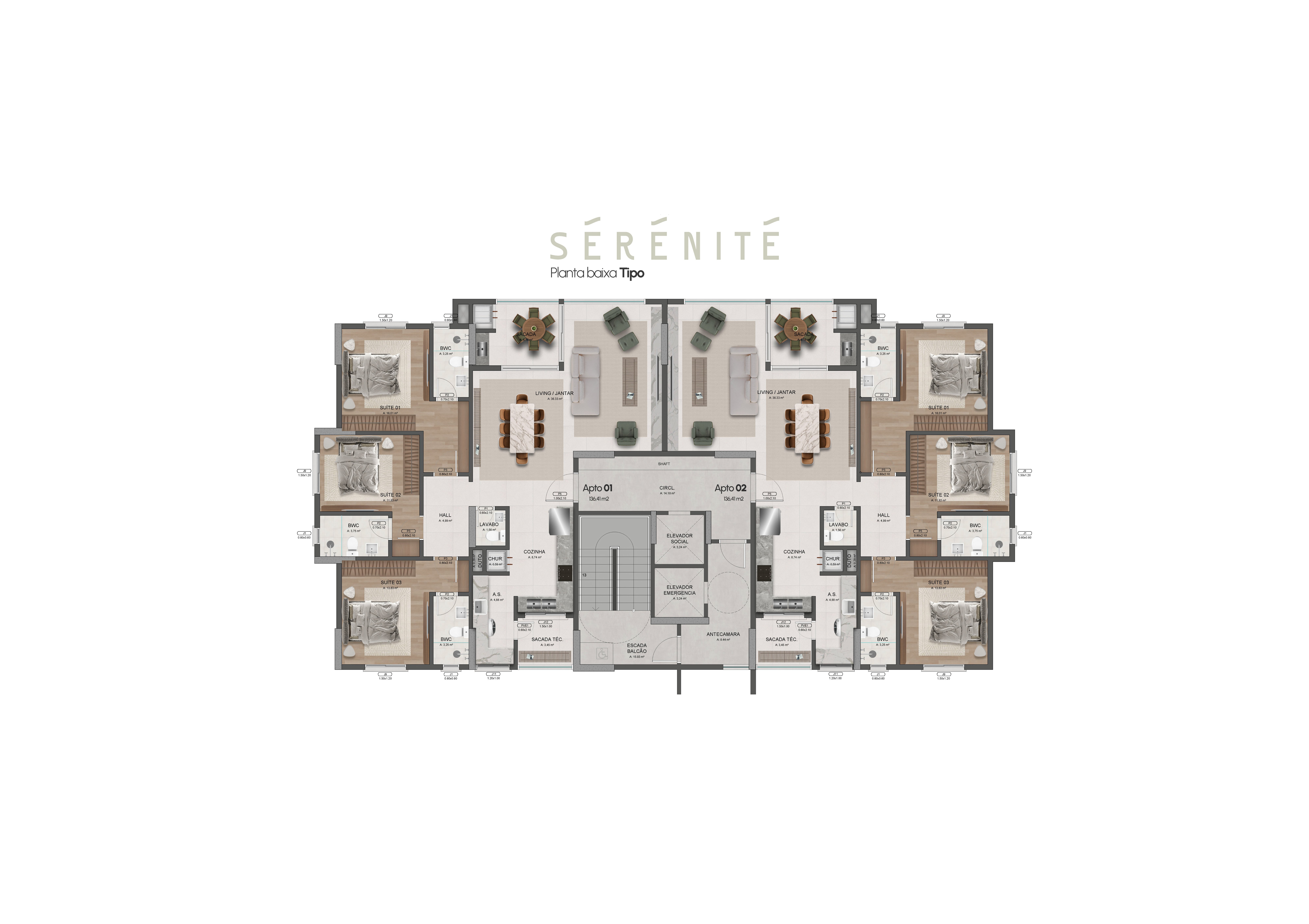 Planta baixa do apartamento Tipo 01 do Sérénité, 136,41m²