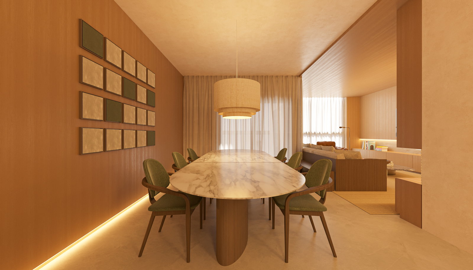Sala de jantar com mesa em mármore para 6 pessoas