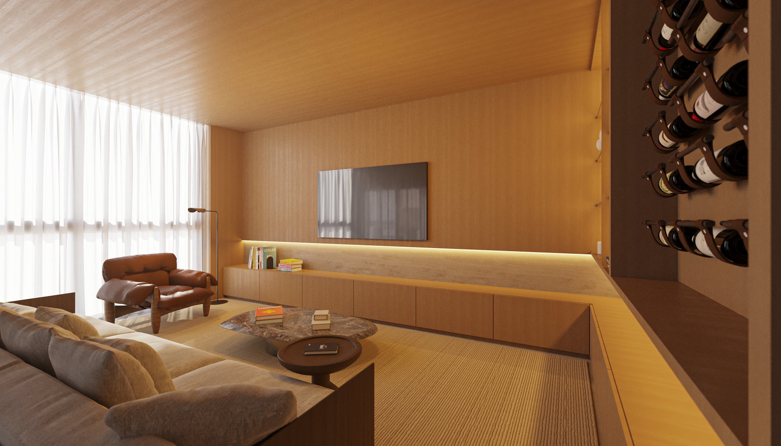 Living do apartamento decorado, poltrona de couro e adega